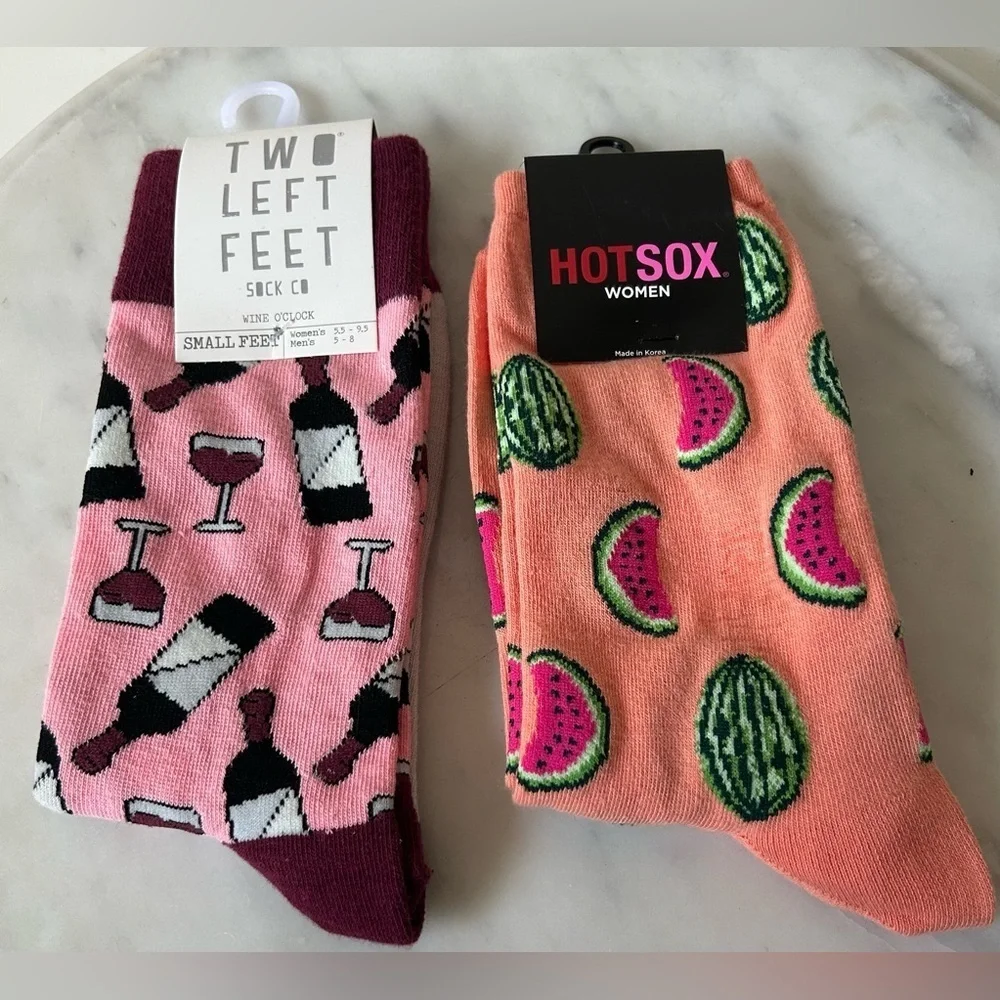 NWT TWO LEFT FEET AND HOT SOX TROUSER SOX. WINE O’ CLOCK, HOT SOX WATERMELON